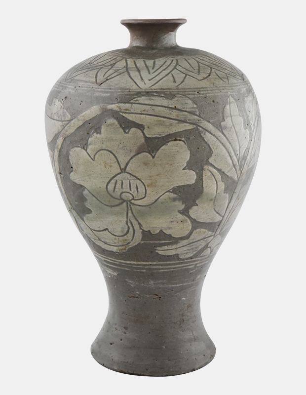 Buncheong prunus vase with sgraffito peony and scroll design